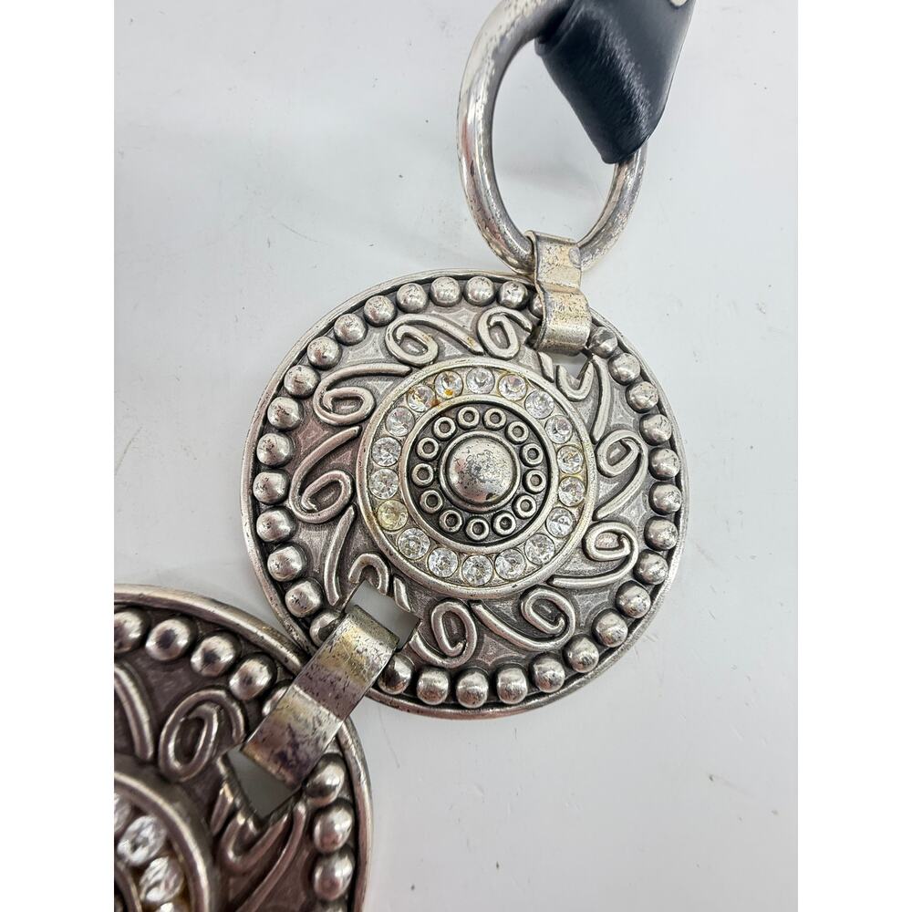 Chicos Silver Medallion Rhinestone Statement Belt Black Leather Boho Size S M - Picture 4 of 7